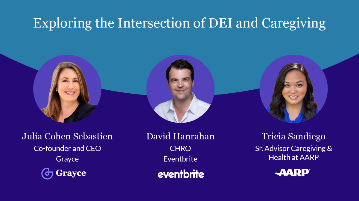 Exploring the intersection of DEI and Caregiving banner with headshots of three guest speakers.