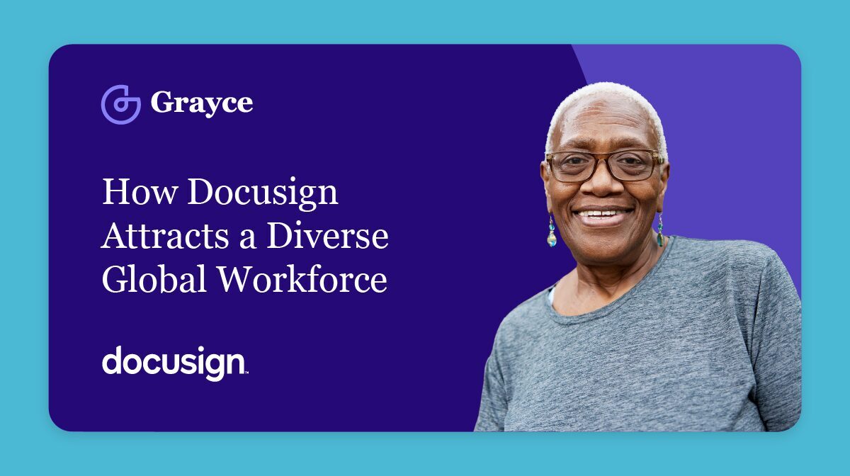 Banner of a smiling woman with text that says "How Docusign Attracts a Diverse Global Workforce".