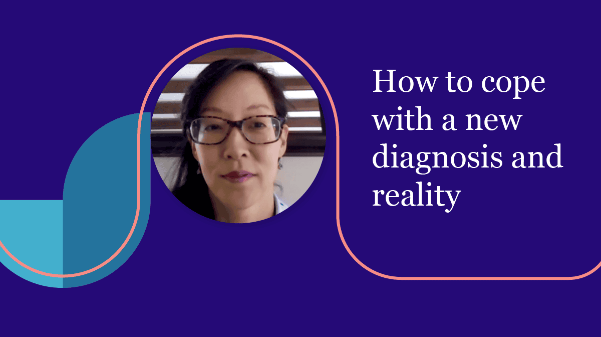 Jane's headshot with the words: "How to cope with a new diagnosis and reality" over a blue background.