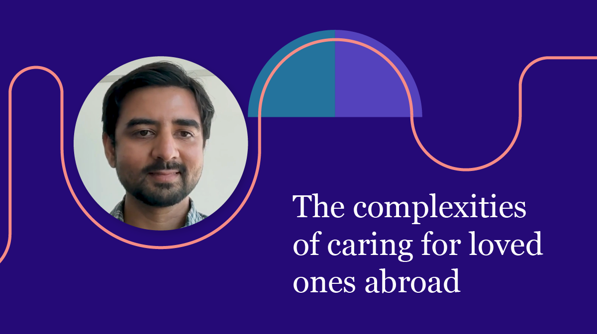 Jubin's headshot with the words: "Complexities of caring for loved ones abroad" over a blue background.