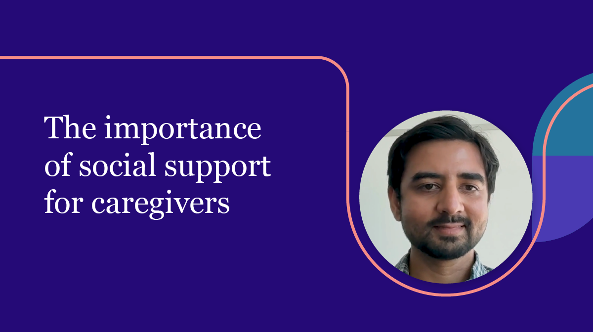 Headshot of Jubin with the words: "the importance of social support for caregivers" over a blue background.