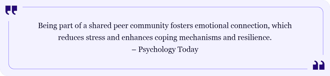 Quote from Psychology Today on the impact of community and emotional connection on stress reduction.