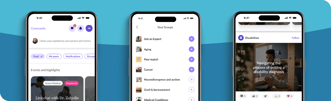 Grayce's Gather community features displayed across a set of three mobile phone screens.