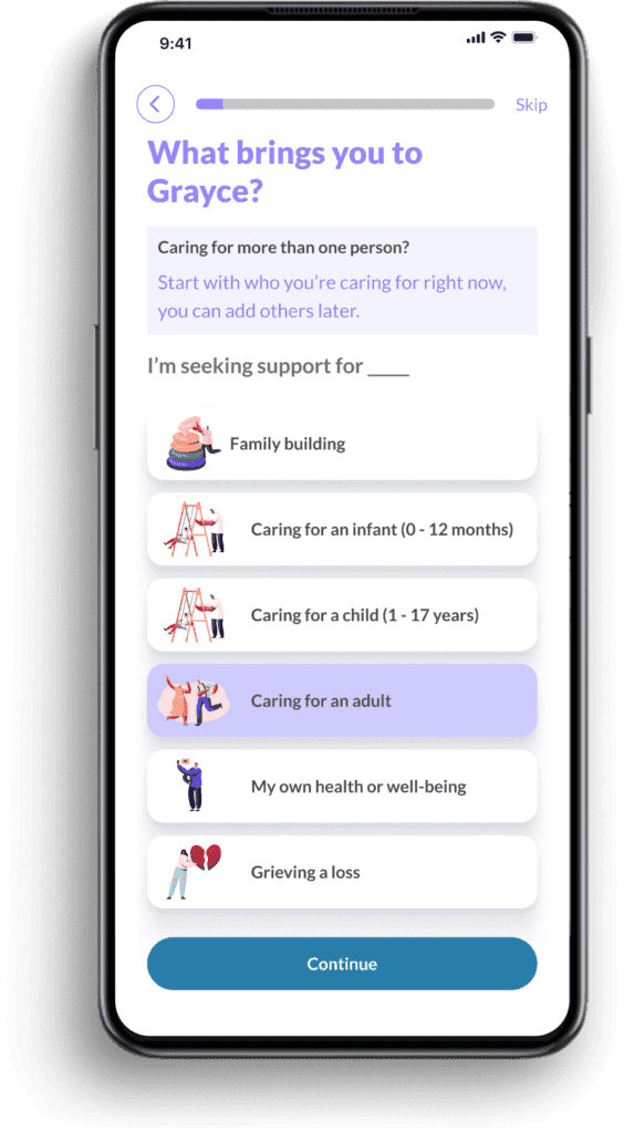 Grayce app questionaire displayed on a mobile phone.
