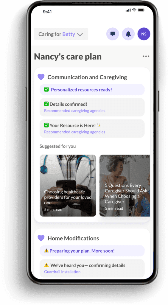 Grayce's care navigation solution showing Nancy's care plan details.