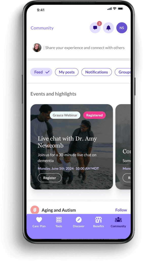 Grayce app community support area showing an upcoming live chat session.