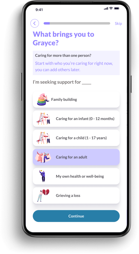 Grayce app questionaire displayed on a mobile phone.