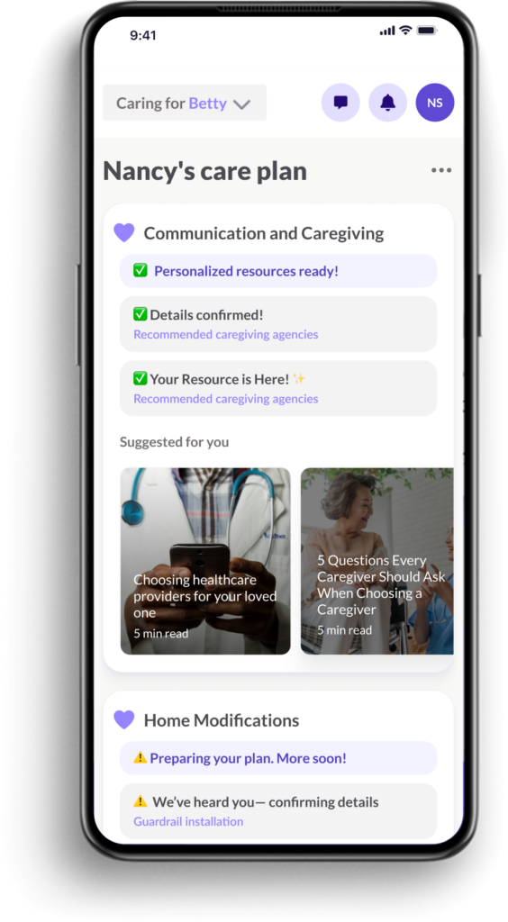 Grayce's care navigation solution showing Nancy's care plan details.