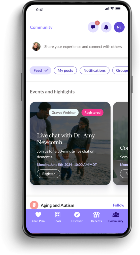 Grayce app community support area showing an upcoming live chat session.